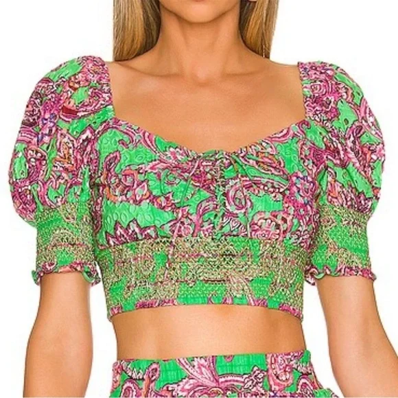 Alice + Olivia Crawford 100% Cotton Eyelet Smocked Top - Picture 1 of 9